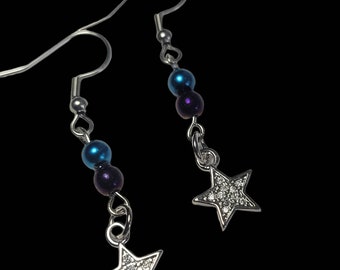 Earrings, blue and purple bead with dangle diamond star