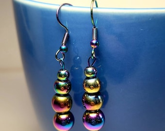 Earrings, mutichrome, oil slick bead earrings, 201 stainless steal