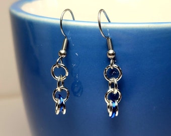 Earrings, dark blue and silver chainmail