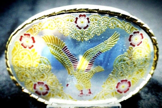 FLYING EAGLE Belt BUCKLE 3 1//4/" Glossy Oval TRi-Color with Rope Edge
