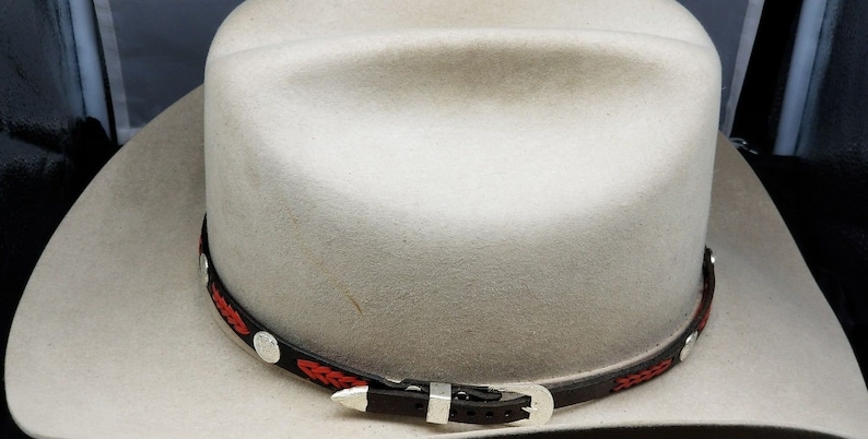 BLACK HATBAND Genuine Leather with RED Braided Leather and 3-piece Silver Buckle Set Cowboy Hats Hat Band Vintage Western Design