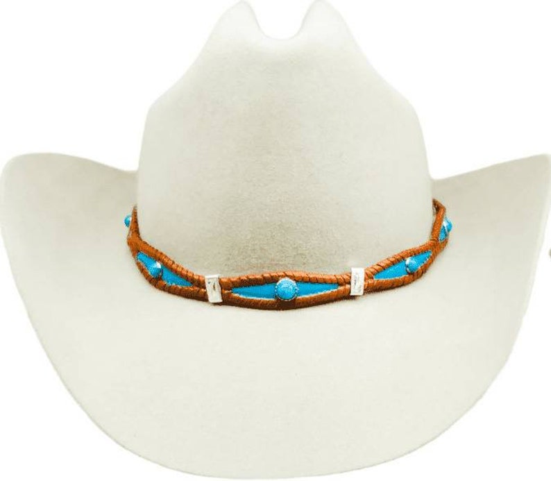 Silver Rectangle CONCHOS and Buckle Western Cowboy Cowgirl Hat Band Scalloped Braided HATBAND Genuine Saddle Tan Leather w TURQUOISE Stone