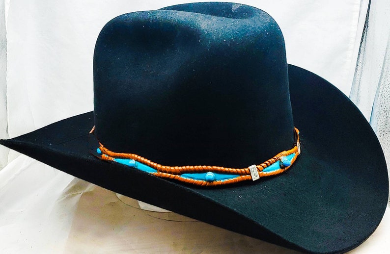 Silver Rectangle CONCHOS and Buckle Western Cowboy Cowgirl Hat Band Scalloped Braided HATBAND Genuine Saddle Tan Leather w TURQUOISE Stone