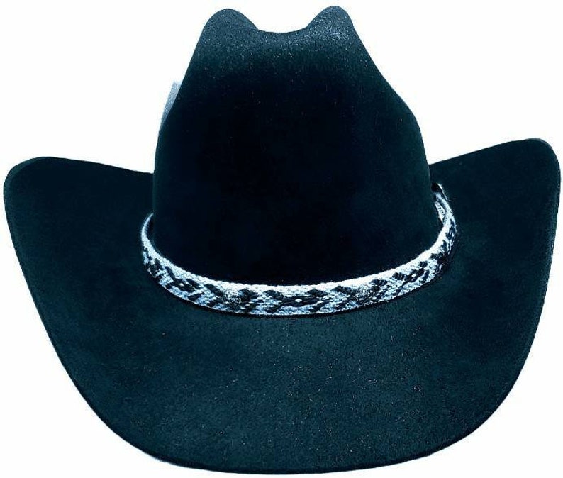 Blue Canvas HATBAND with Black pattern,White Stitching Round SILVER CONCHOS and 3-piece Longhorn Buckle Set Western Cowboy Cowgirl Hat Band