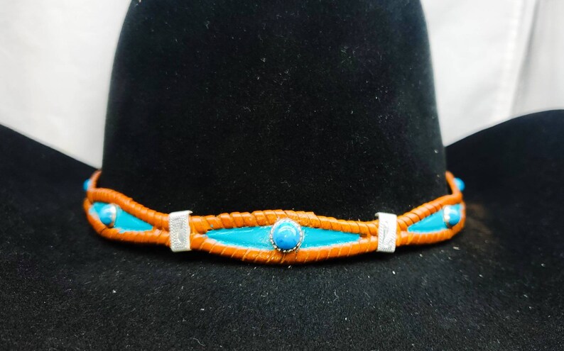 Silver Rectangle CONCHOS and Buckle Western Cowboy Cowgirl Hat Band Scalloped Braided HATBAND Genuine Saddle Tan Leather w TURQUOISE Stone