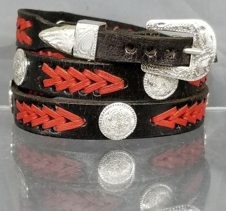 BLACK HATBAND Genuine Leather with RED Braided Leather and 3-piece Silver Buckle Set Cowboy Hats Hat Band Vintage Western Design