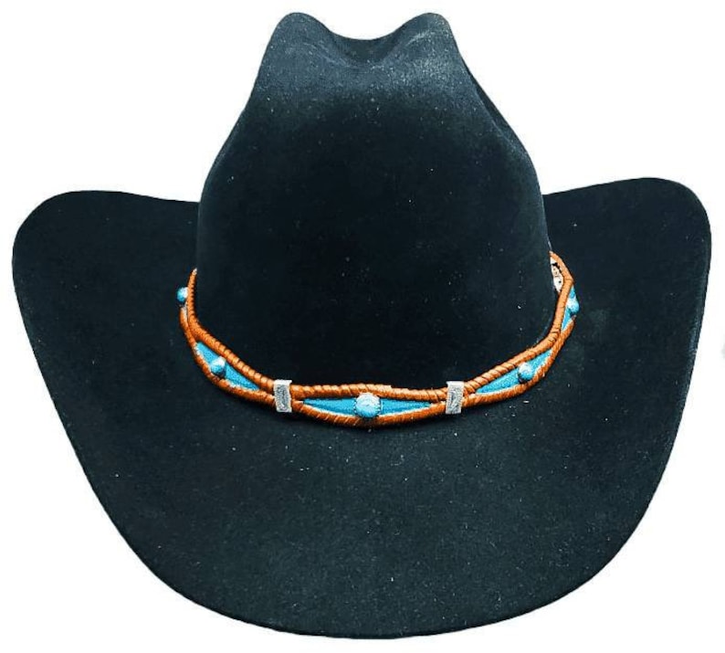 Silver Rectangle CONCHOS and Buckle Western Cowboy Cowgirl Hat Band Scalloped Braided HATBAND Genuine Saddle Tan Leather w TURQUOISE Stone