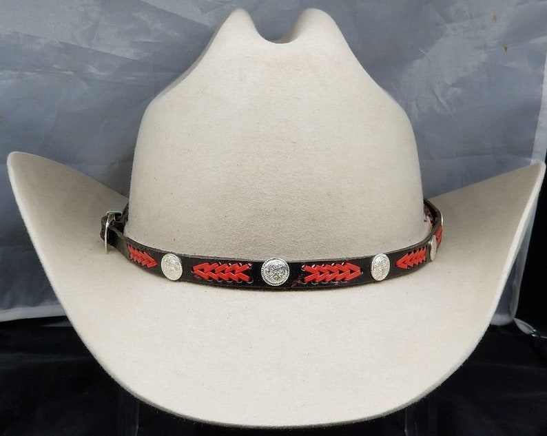 BLACK HATBAND Genuine Leather with RED Braided Leather and 3-piece Silver Buckle Set Cowboy Hats Hat Band Vintage Western Design