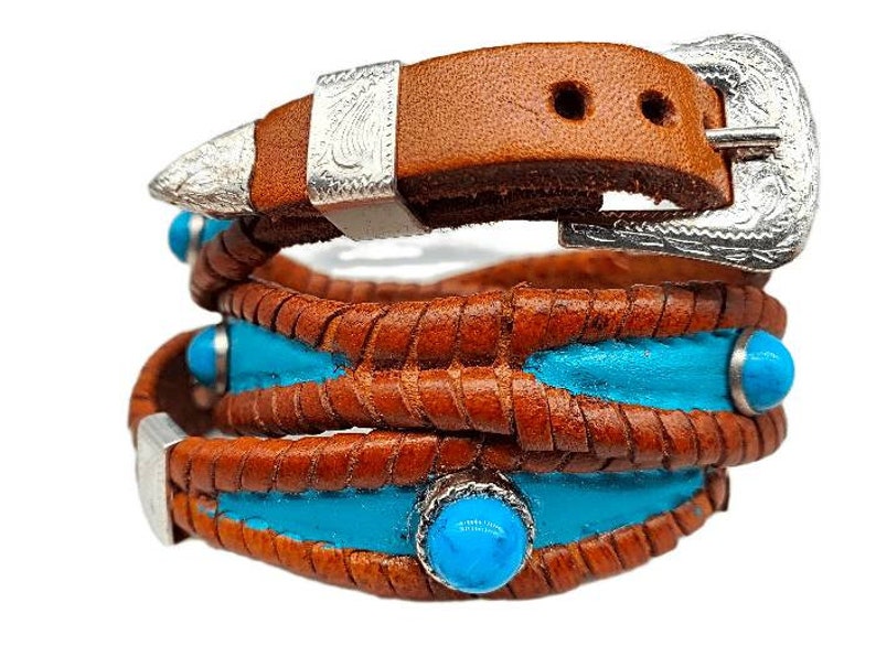 Silver Rectangle CONCHOS and Buckle Western Cowboy Cowgirl Hat Band Scalloped Braided HATBAND Genuine Saddle Tan Leather w TURQUOISE Stone