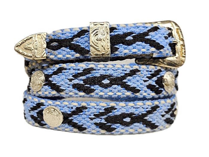 Blue Canvas HATBAND with Black pattern,White Stitching Round SILVER CONCHOS and 3-piece Longhorn Buckle Set Western Cowboy Cowgirl Hat Band