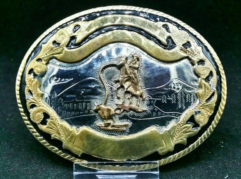 CALF ROPING Belt BUCKLE With Rope Border Western Rodeo Trophy Etsy