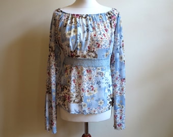 Vintage Floral Blouse, Blue Colorful Print, Long Bell Sleeves (Size M)