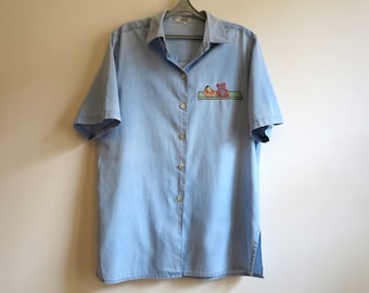 Vintage Denim Blue Button-Up Blouse, Embroidered Detail, Size L