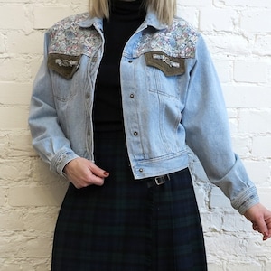 Vintage Womens Blue Denim Jacket Hipster Grunge Jean Jacket Oversized Denim Jacket Long Sleeves Flower Coat Denim Coat Crop Denim Small Size