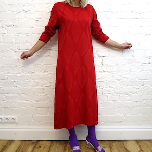 RISTOMATTI RATIA Womens Vintage Dress Red Abstract Print Long Dress Maxi Cotton Tricot Dress Long Sleeves Dress Small to Medium Size