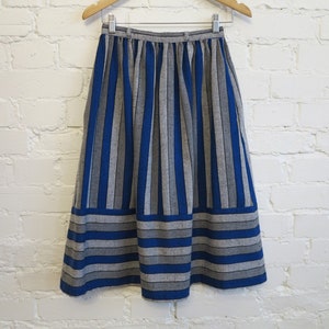 Vintage 80s Skirt Blue Grey Striped Skirt Midi Skirt With Pockets Gathered Midi Skirt Extra Small Size