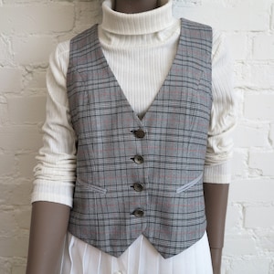 Womens Grey Vest Plaid Vest Womens Vest Steampunk Checkered Waistcoat Formal Vest Gilet for Women Medium Size