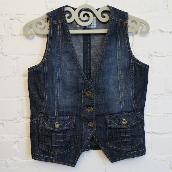 Blue Denim Vest Womens Vest Fitted Jeans Waistcoat Country Western Vest Gilet for Women Medium Size