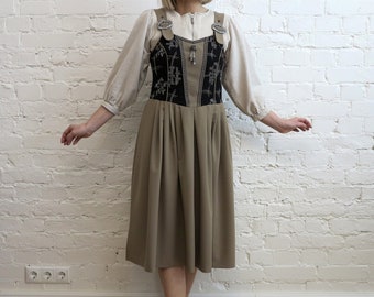 Black Khaki Dirndl Dress Pleated Sarafan Alpen style Dress Dirndl Dress German Austrian Bavarian Folk Dress Octoberfest Medium Size