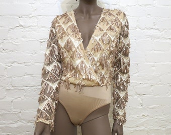 Femme Bronzage Beige Bodysuit Blouse Romantique Mesh Blouse Manches Transparentes Blouse Pailletée Top Taille Moyenne