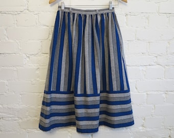 Vintage 80s Skirt Blue Grey Striped Skirt Midi Skirt With Pockets Gathered Midi Skirt Extra Small Size