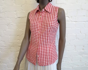 Vintage Cotton Blouse Red White Gingham Plaid Top Plaid Cotton Top Sleeveless Blouse Summer Blouse Small Size