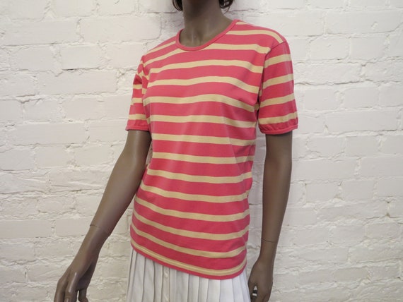 MARIMEKKO Womens Shirt Pink Beige Striped T Shirt… - image 1