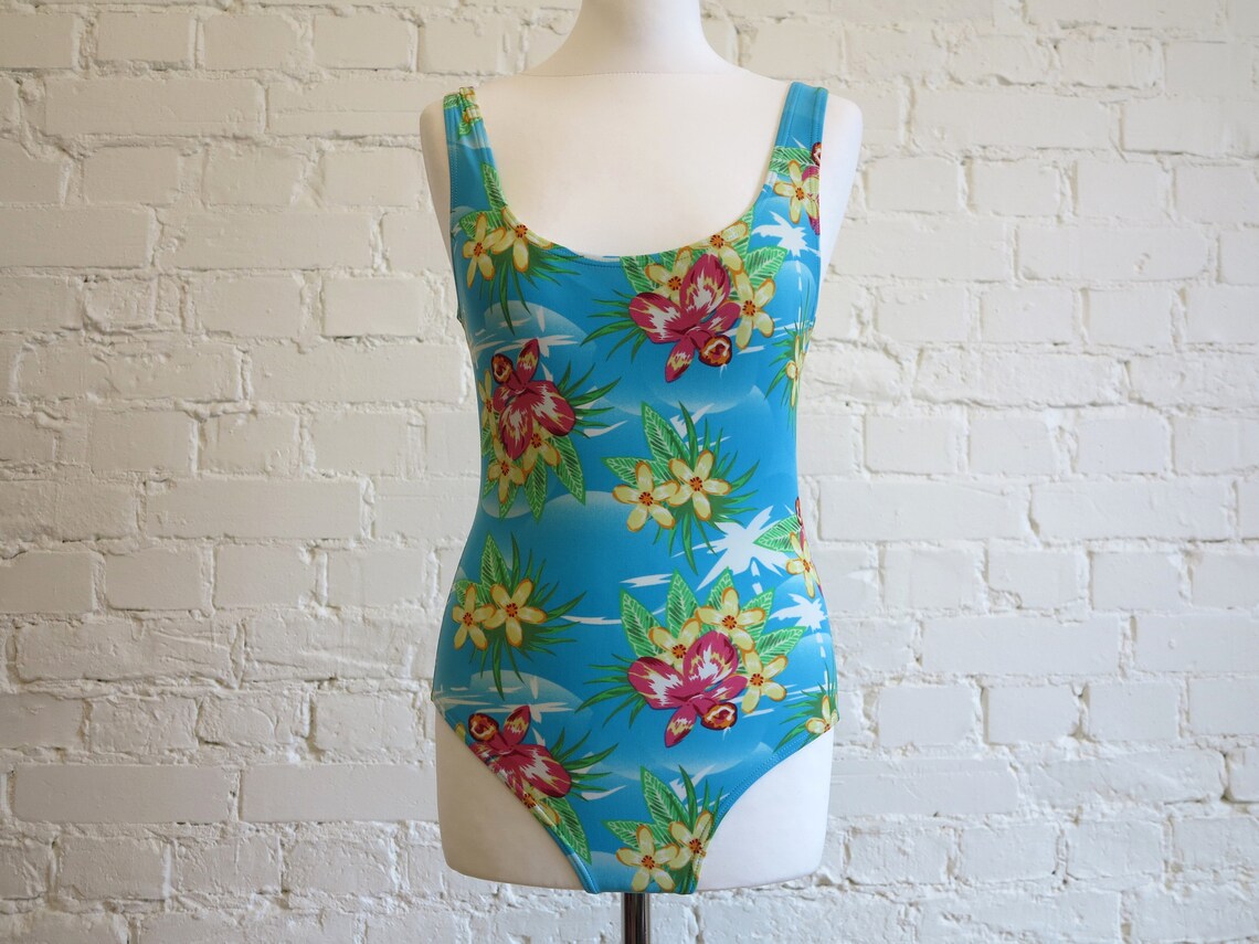 Hawaii Style One Piece Womens Swimsuit Blue Floral Swimwear Etsy