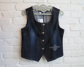 NOS Vintage Denim Vest Womens Vest Fitted Jeans Waistcoat Embroidered Gilet for Women Stretchy Denim Vest Large to Extra Large Size