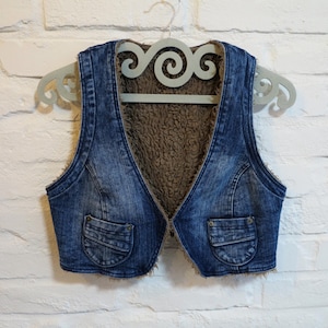 Blue Denim Warm Vest Womens Vest Jeans Waistcoat Sleeveless Jacket Cropped Vest Faux Fur Trimmed Vest Medium Size
