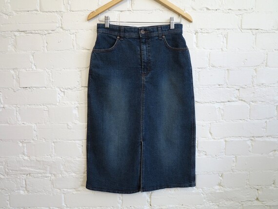 stretchy denim midi skirt