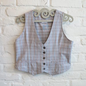 Womens Pale Grey Vest Plaid Vest Womens Vest Steampunk Checkered Cotton Waistcoat Casual Summer Vest Gilet for Women Extra Large Size