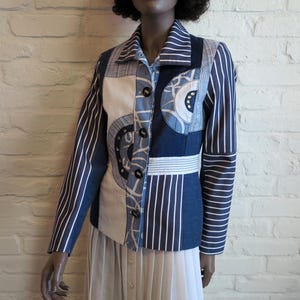 Womens Jacket Blue White Patchwork Blazer Cotton Blend Womens Blazer Small Size