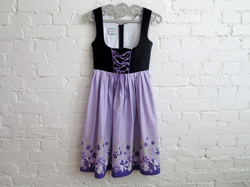 Purple Checkered Dirndl Dress Austrian Gown Alpen Style German Bavarian Dress Velvet Corset Dress Folk Sarafan Oktoberfest Dress XS Size