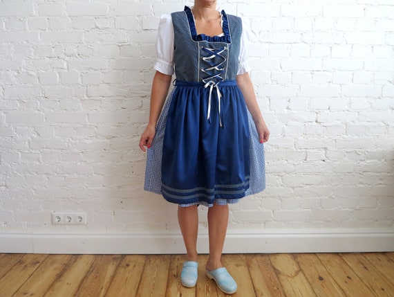 Blue Checkered Dirndl Dress Austrian Gown Alpen St