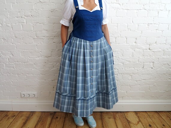 Blue Plaid Dirndl Dress Austrian Gown Alpen Style