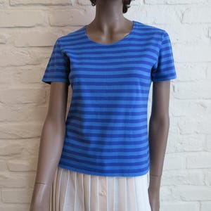 以下が含まれることがあります： ライトブルーとダークブルーの交互のストライプ柄が特徴の半袖Tシャツ。丸首で裾はストレートなデザインとなっており、胴体にフィットするニット素材で作られています。