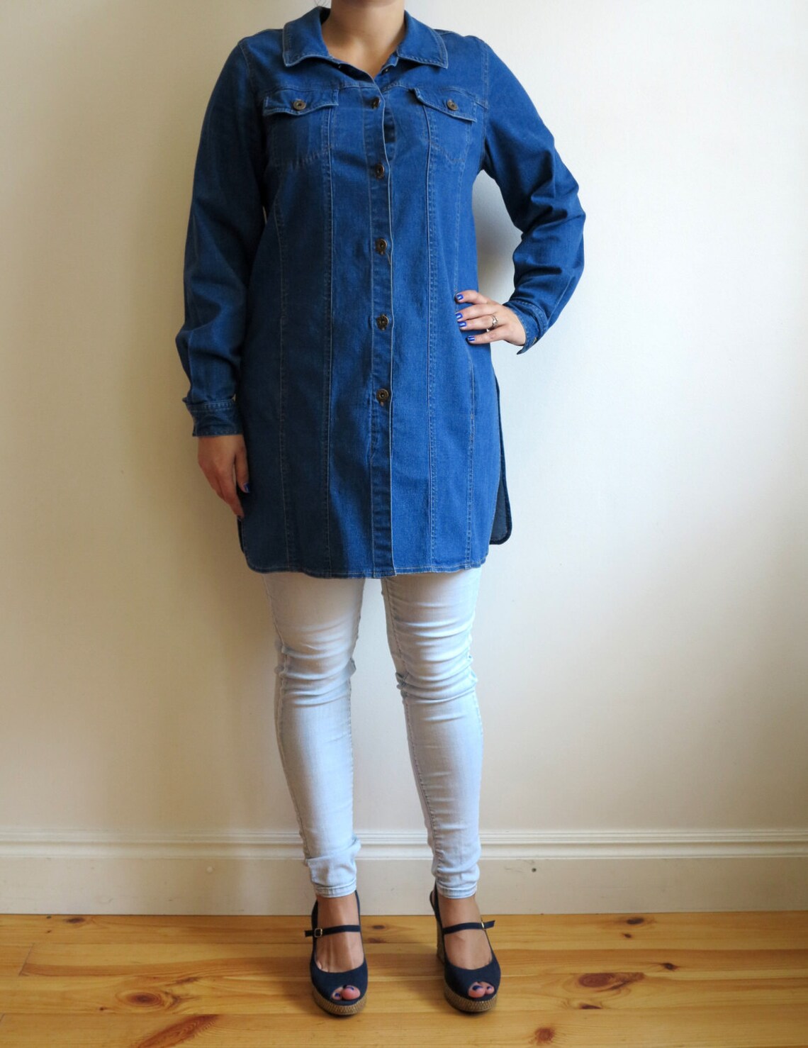 Vintage Blue Denim Tunic Jacket, Long Sleeve Jean Shirt, Size L, foto 1 di 5