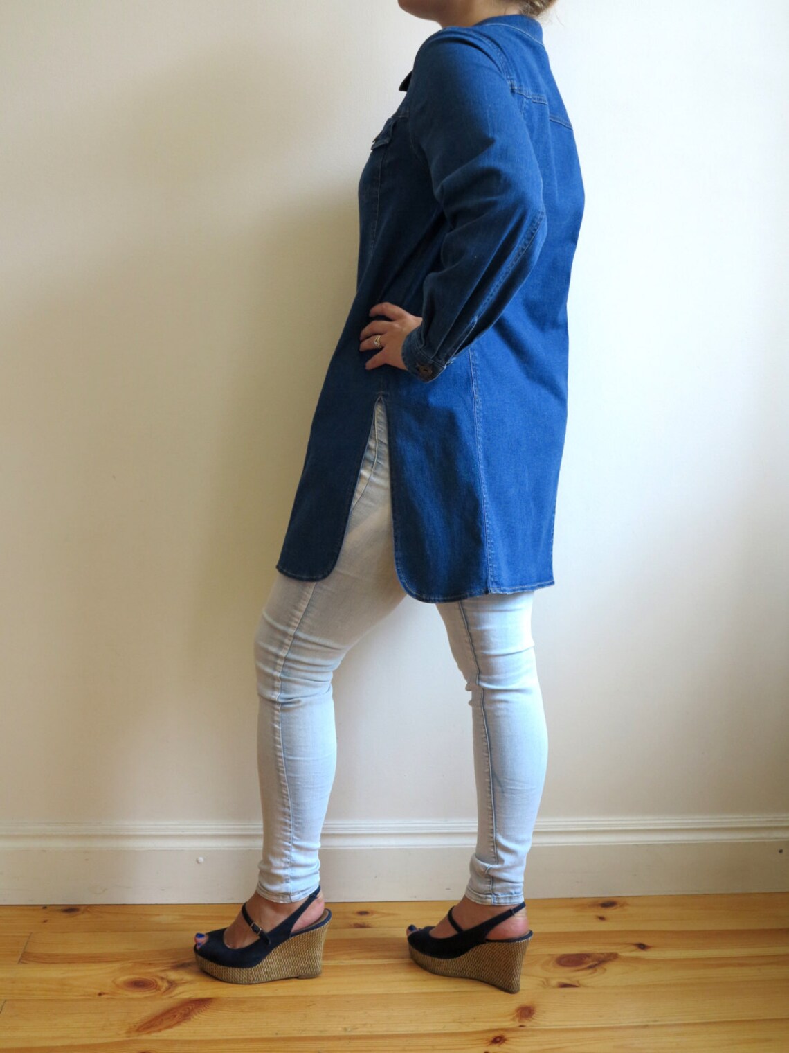 Vintage Blue Denim Tunic Jacket, Long Sleeve Jean Shirt, Size L, foto 3 di 5