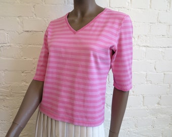 MARIMEKKO Womens Shirt Nautical Top Pink Striped Sailor Blouse Marine Sweater Short Sleeves Cotton Top V Neck Jumper Small Size