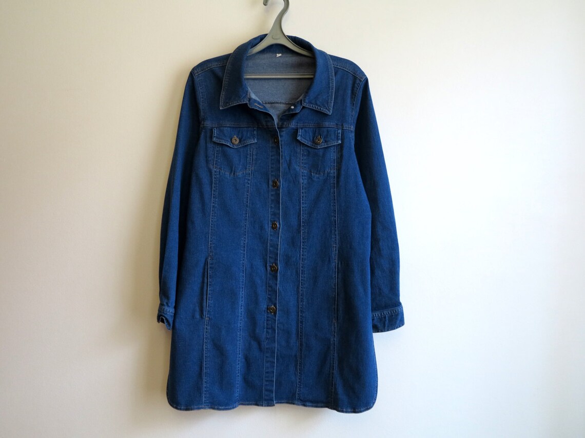 Vintage Blue Denim Tunic Jacket, Long Sleeve Jean Shirt, Size L, foto 4 di 5