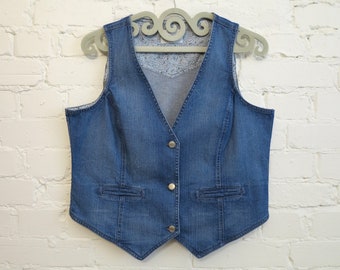 Vintage Womens Denim Vest Blue Denim Vest Blue Jeans Waistcoat Fitted Stretchy Vest Sleeveless Denim Jacket Extra Large Size