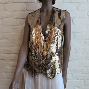 Vintage Gold Sequin Waistcoat – Disco Party Vest, Sparkly Glam Rock Evening Top, Unisex Vintage Fashion Medium to Large Size