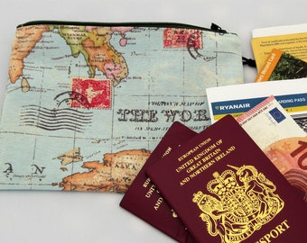Map print travel wallet 19 x 15cm, zipped purse, travel organiser, passport storage, travel gift, bag organiser, map print, gap year gift