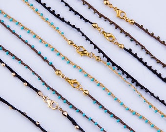 Beaded Seed Necklace with Thread, Beaded Necklace, Gold,Silver Beads, Clasp, Wrapped Bracelet, Delicate, Everyday Layer Necklace, Minimalist