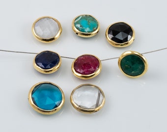 10mm Gemstone Connector Gold Vermeil Bezel,Emerald,Black Spinel,Ruby,Sapphire, Labradorite, Top Drilled,High Quality Beads OV12T
