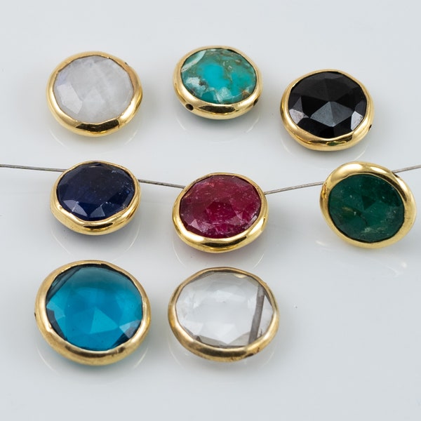 10mm Gemstone Connector Gold Vermeil Bezel,Emerald,Black Spinel,Ruby,Sapphire, Labradorite, Top Drilled,High Quality Beads OV12T