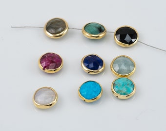 10mm Gemstone Connector Gold Vermeil Bezel,Emerald,Black Spinel,Ruby,Sapphire, Labradorite,Center Drilled,High Quality Beads OV12