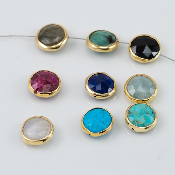 10mm Gemstone Connector Gold Vermeil Bezel,Emerald,Black Spinel,Ruby,Sapphire, Labradorite,Center Drilled,High Quality Beads OV12
