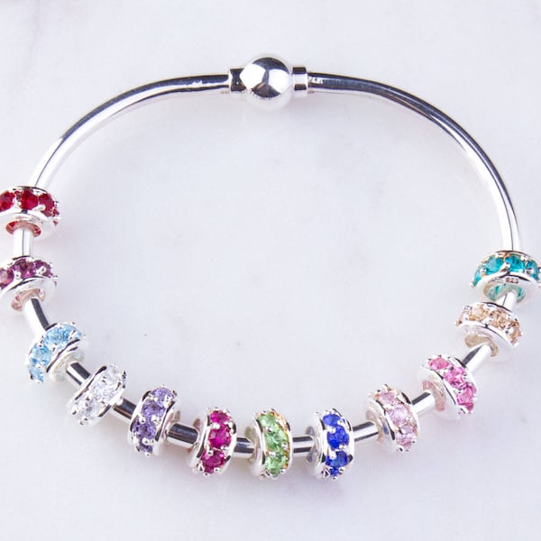 Birthstone Swarovski Crystal Spacer Beads, Sterling Silver, Large Hole Spacers, Bracelet Beads,  Charm Bracelet, Priced per Piece, SSSB135